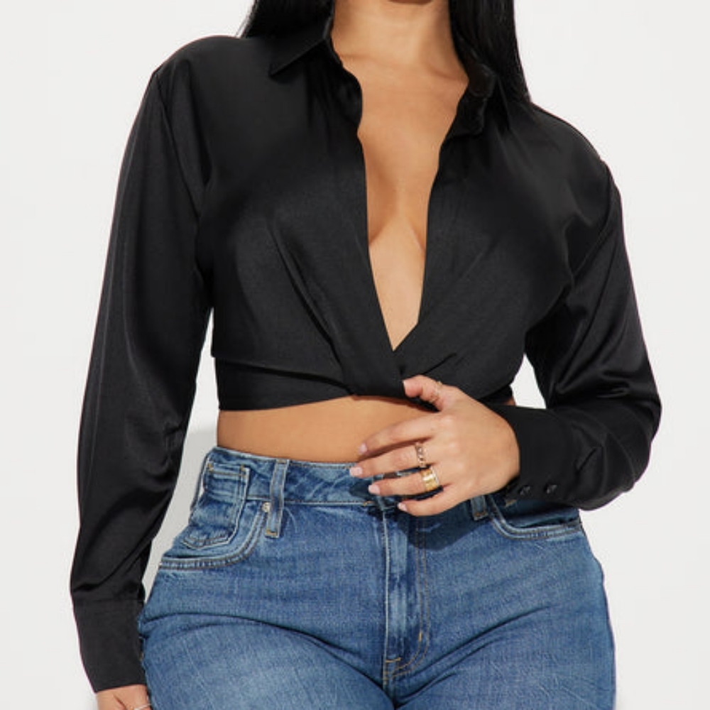 Cropped Black Satin Blouse (Medium)